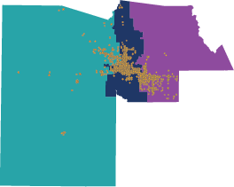 Map of Maricopa County showing the three subregions in color (West Valley, Central, East Valley) with orange dots marking the locations where unsheltered surveys were conducted in 2026. Survey dots are most heavily concentrated in the Central subregion (Phoenix), with smaller clusters extending into the East Valley and scattered points across the West Valley.